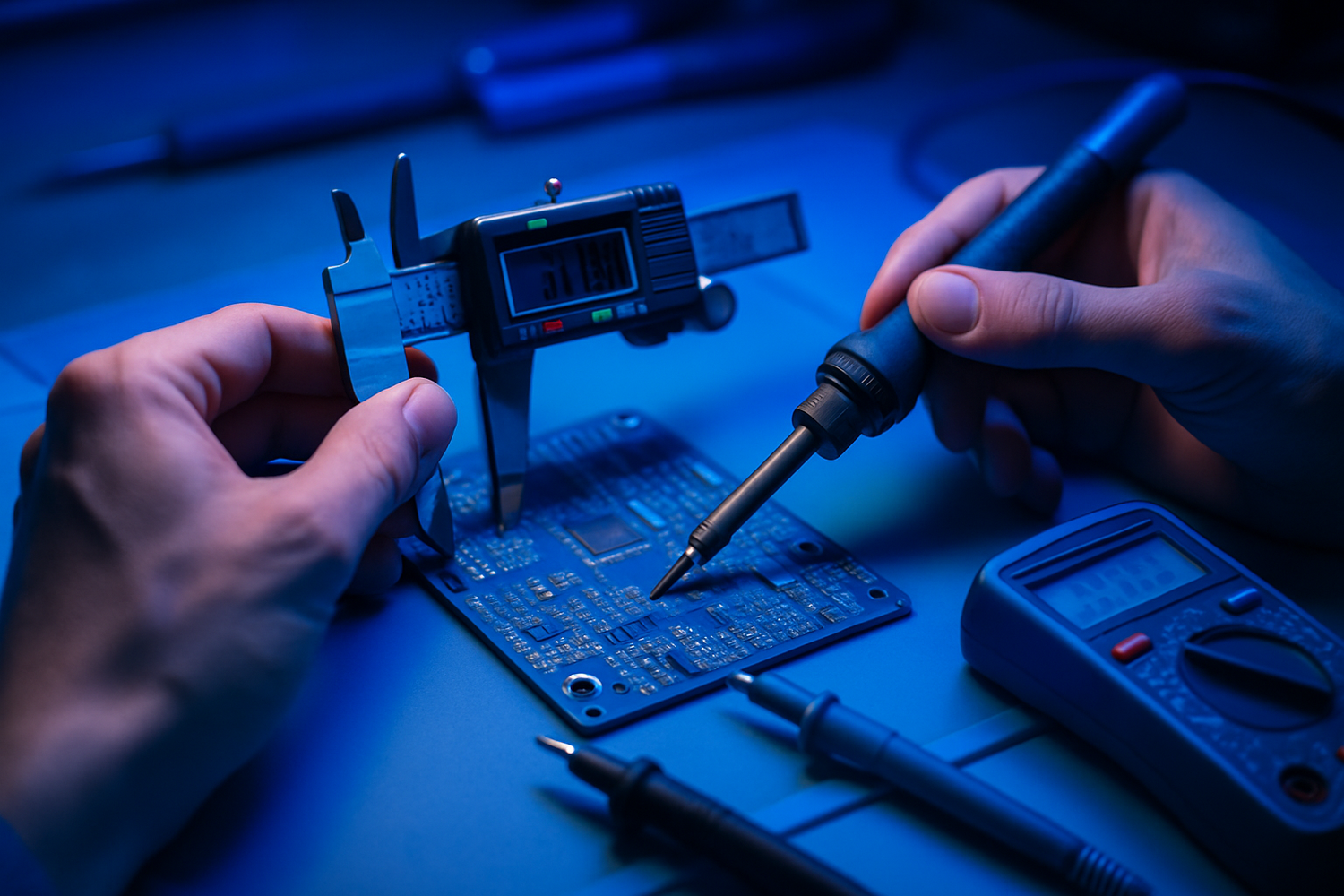 The Focused Professional: A high-quality shot of a person's hands carefully working on a component with precision tools (like calipers, a soldering iron, or a multimeter) with the main colour as blue